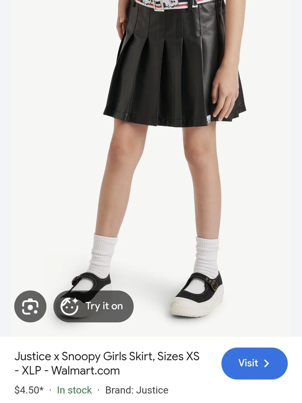 Justice Black Faux Leather Pleated Skater Skirt with Snoopy Stripe Belt